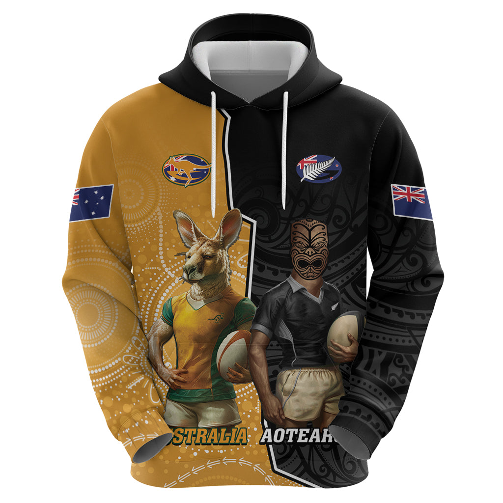 Personalised New Zealand And Australia Rugby Zip Hoodie 2024 All Black Wallabies Mascots Together - Vibe Hoodie Shop