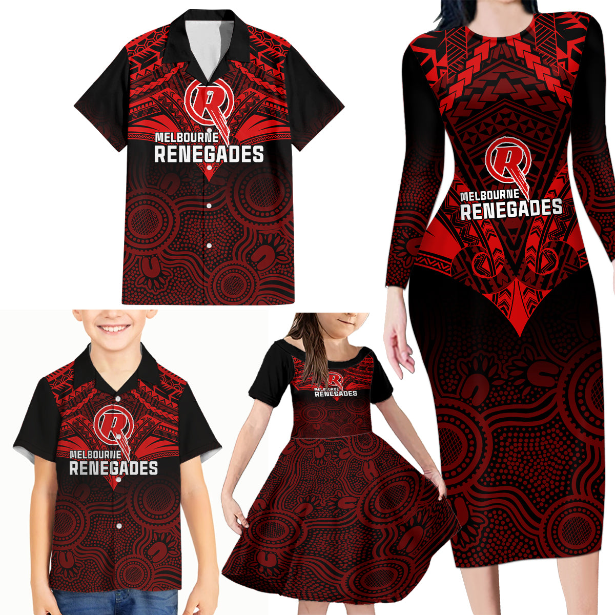 custom-melbourne-renegades-cricket-family-matching-long-sleeve-bodycon-dress-and-hawaiian-shirt-2023-unique-indigenous-art-mix-polynesian-pattern