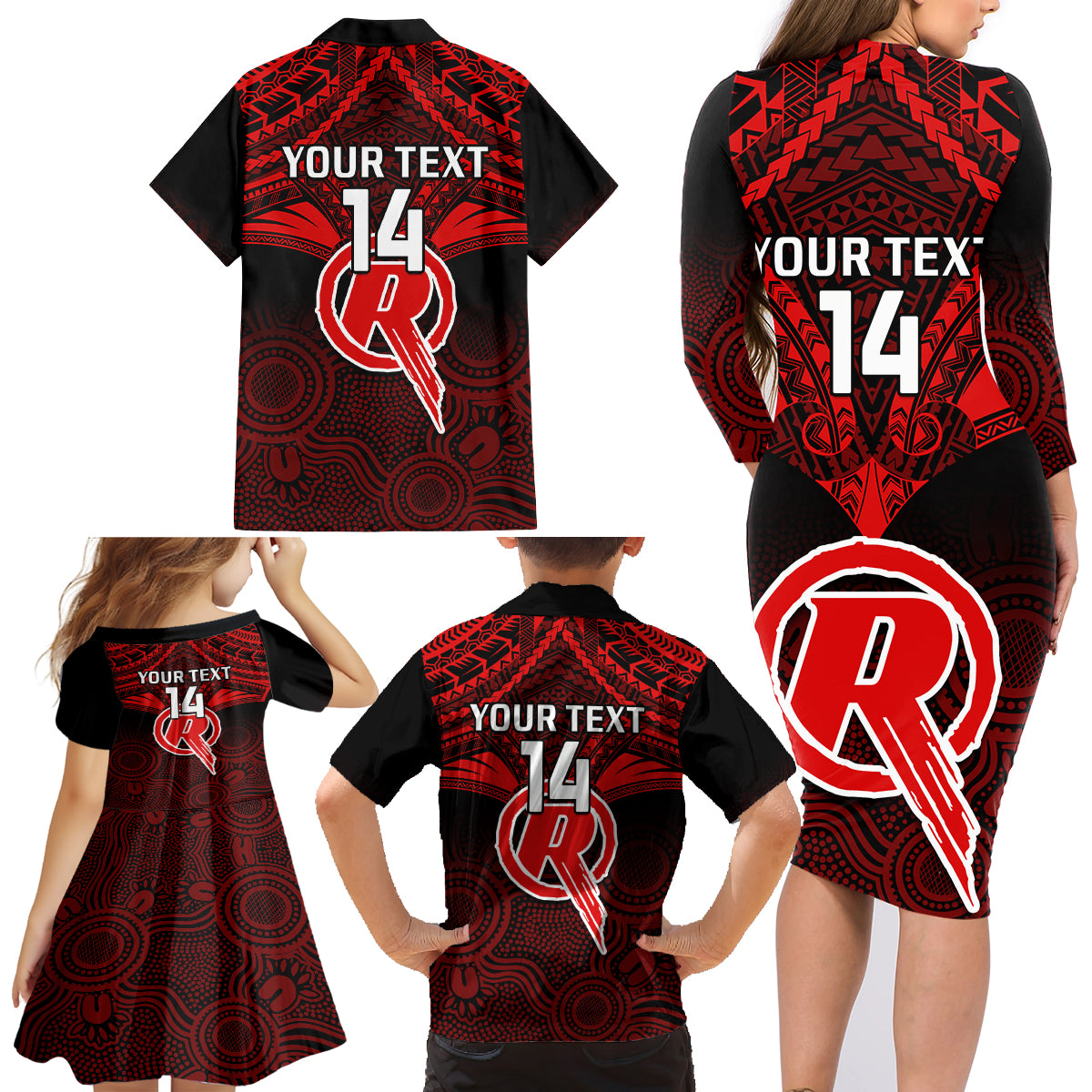 custom-melbourne-renegades-cricket-family-matching-long-sleeve-bodycon-dress-and-hawaiian-shirt-2023-unique-indigenous-art-mix-polynesian-pattern