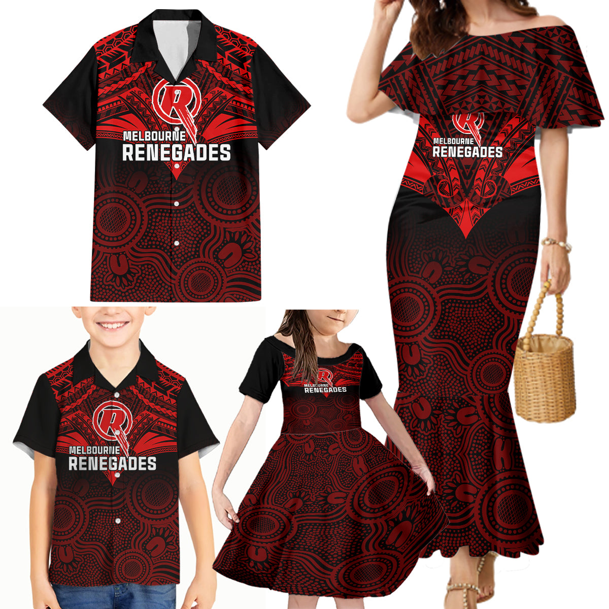 custom-melbourne-renegades-cricket-family-matching-mermaid-dress-and-hawaiian-shirt-2023-unique-indigenous-art-mix-polynesian-pattern