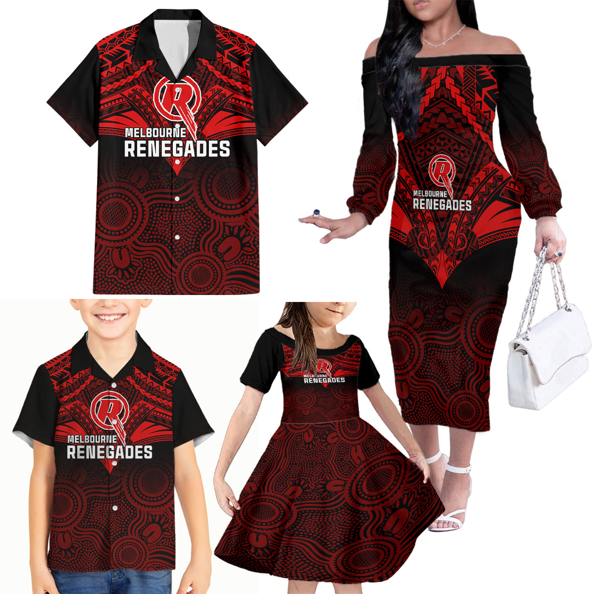 custom-melbourne-renegades-cricket-family-matching-off-shoulder-long-sleeve-dress-and-hawaiian-shirt-2023-unique-indigenous-art-mix-polynesian-pattern