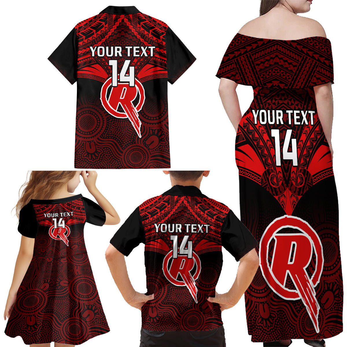 custom-melbourne-renegades-cricket-family-matching-off-shoulder-long-sleeve-dress-and-hawaiian-shirt-2023-unique-indigenous-art-mix-polynesian-pattern