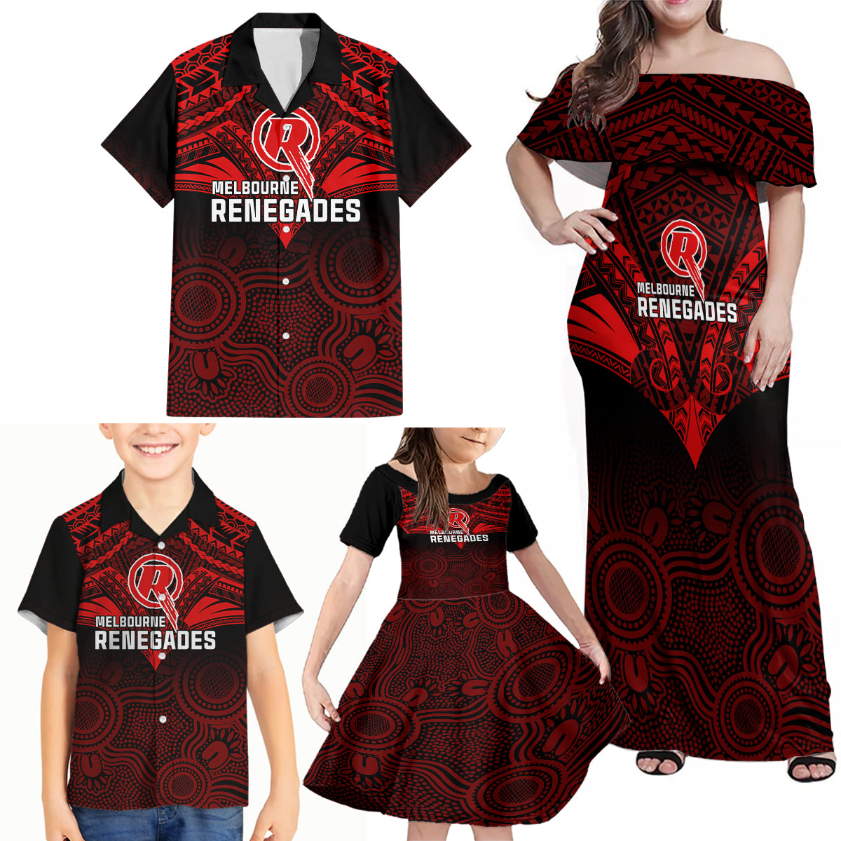 custom-melbourne-renegades-cricket-family-matching-off-shoulder-maxi-dress-and-hawaiian-shirt-2023-unique-indigenous-art-mix-polynesian-pattern