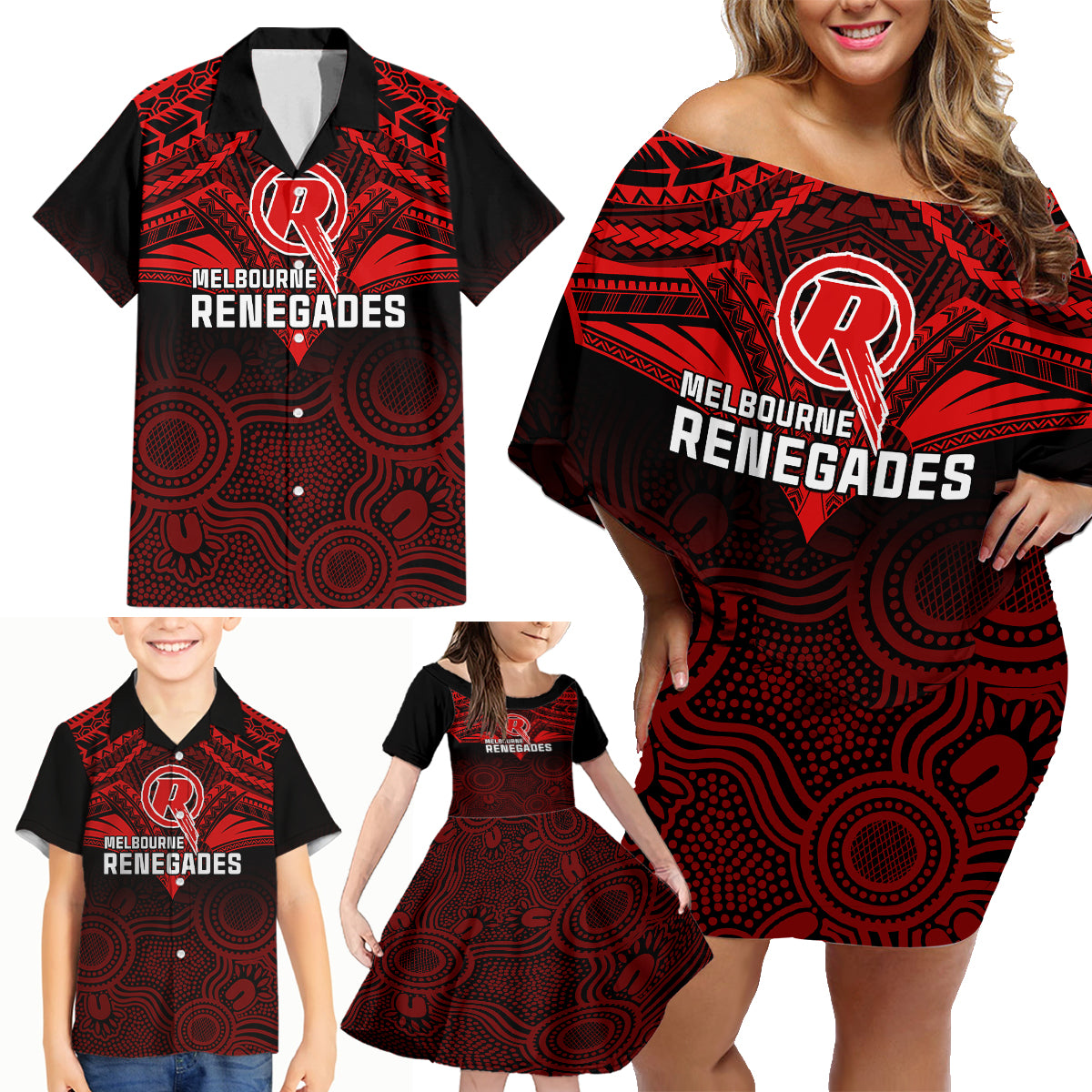 Custom Melbourne Renegades Cricket Family Matching Off Shoulder Short Dress and Hawaiian Shirt 2023 Unique Indigenous Art Mix Polynesian Pattern LT14