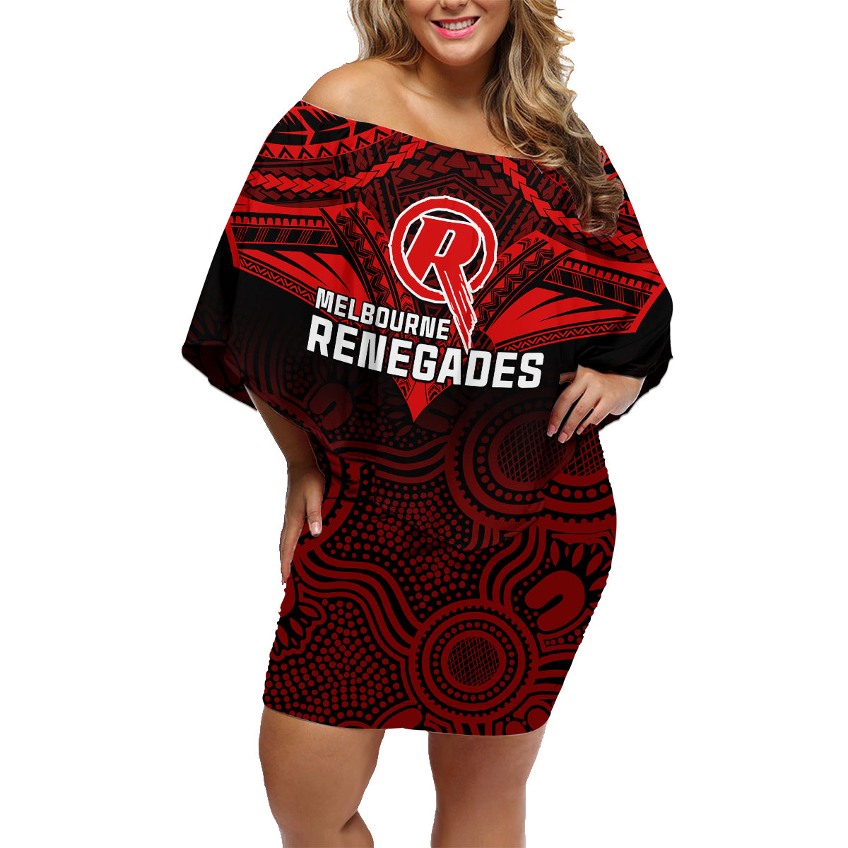 Custom Melbourne Renegades Cricket Family Matching Off Shoulder Short Dress and Hawaiian Shirt 2023 Unique Indigenous Art Mix Polynesian Pattern LT14