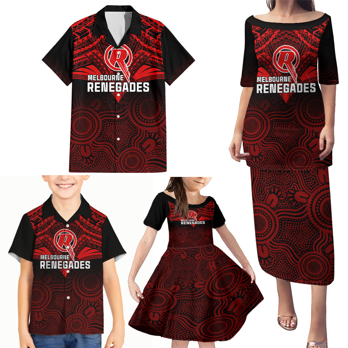 custom-melbourne-renegades-cricket-family-matching-puletasi-dress-and-hawaiian-shirt-2023-unique-indigenous-art-mix-polynesian-pattern