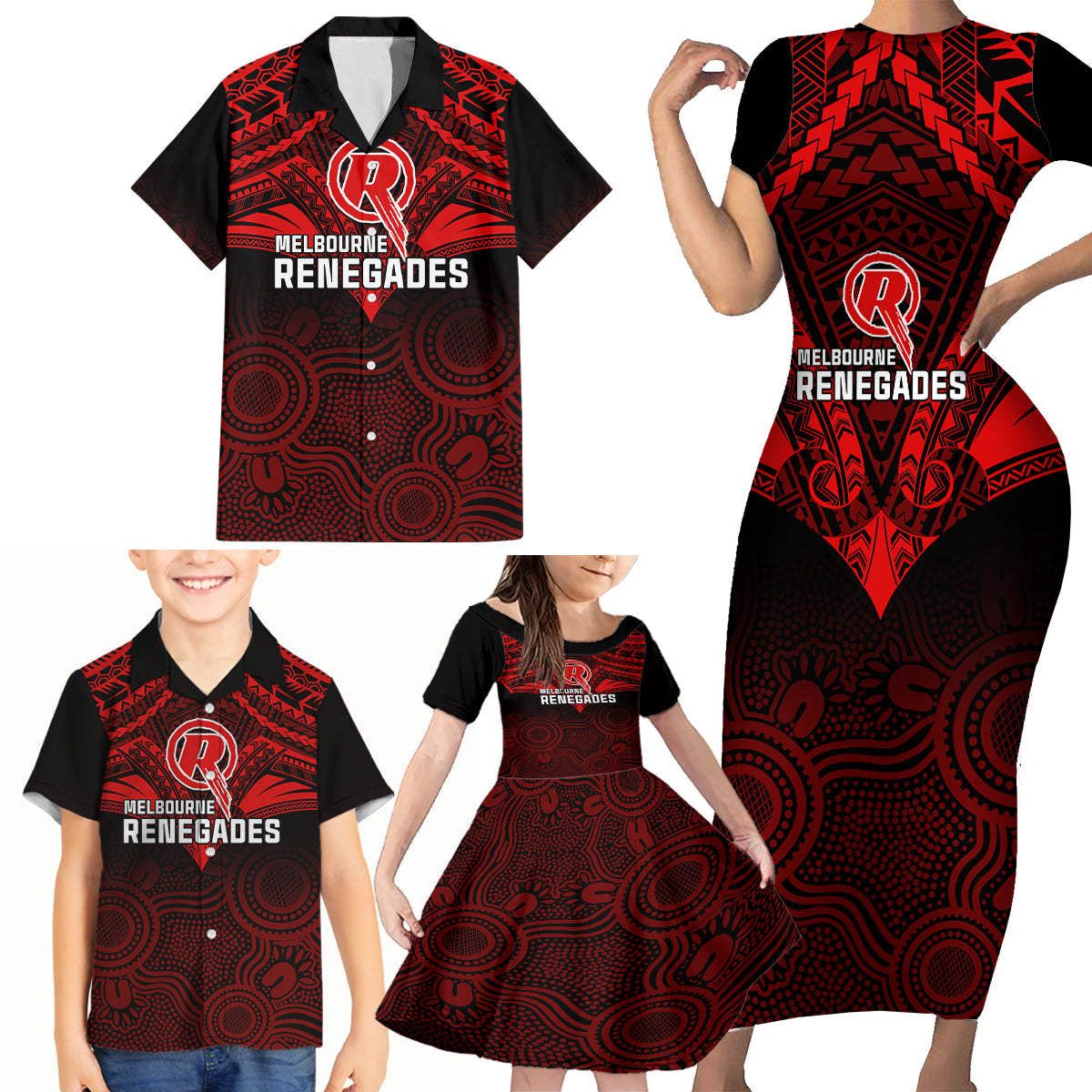 custom-melbourne-renegades-cricket-family-matching-short-sleeve-bodycon-dress-and-hawaiian-shirt-2023-unique-indigenous-art-mix-polynesian-pattern