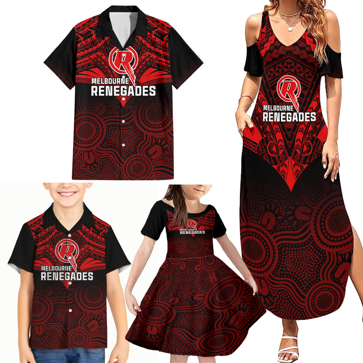 custom-melbourne-renegades-cricket-family-matching-summer-maxi-dress-and-hawaiian-shirt-2023-unique-indigenous-art-mix-polynesian-pattern