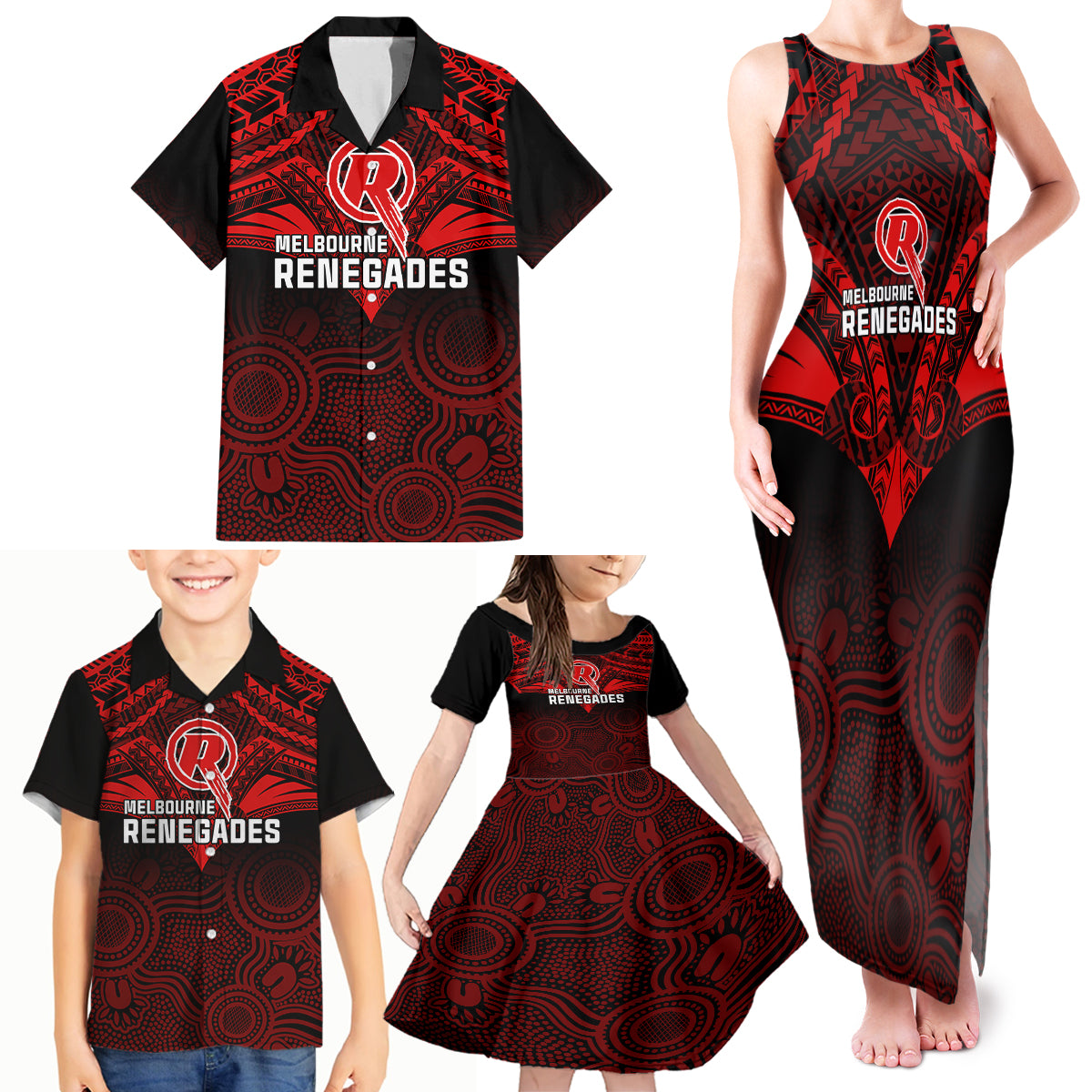 custom-melbourne-renegades-cricket-family-matching-tank-maxi-dress-and-hawaiian-shirt-2023-unique-indigenous-art-mix-polynesian-pattern