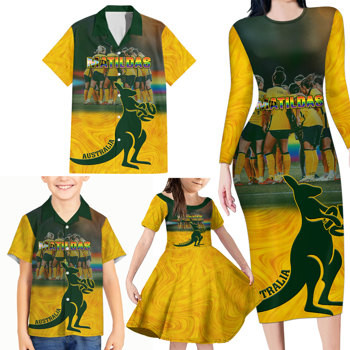 custom-matildas-pride-family-matching-long-sleeve-bodycon-dress-and-hawaiian-shirt-lgbt-kangaroo-australian-proud