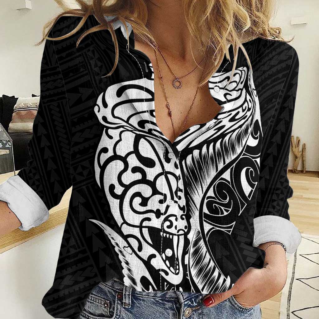 New Zealand Eel Women Casual Shirt Tuna Aotearoa Maori Patten - Black - Vibe Hoodie Shop