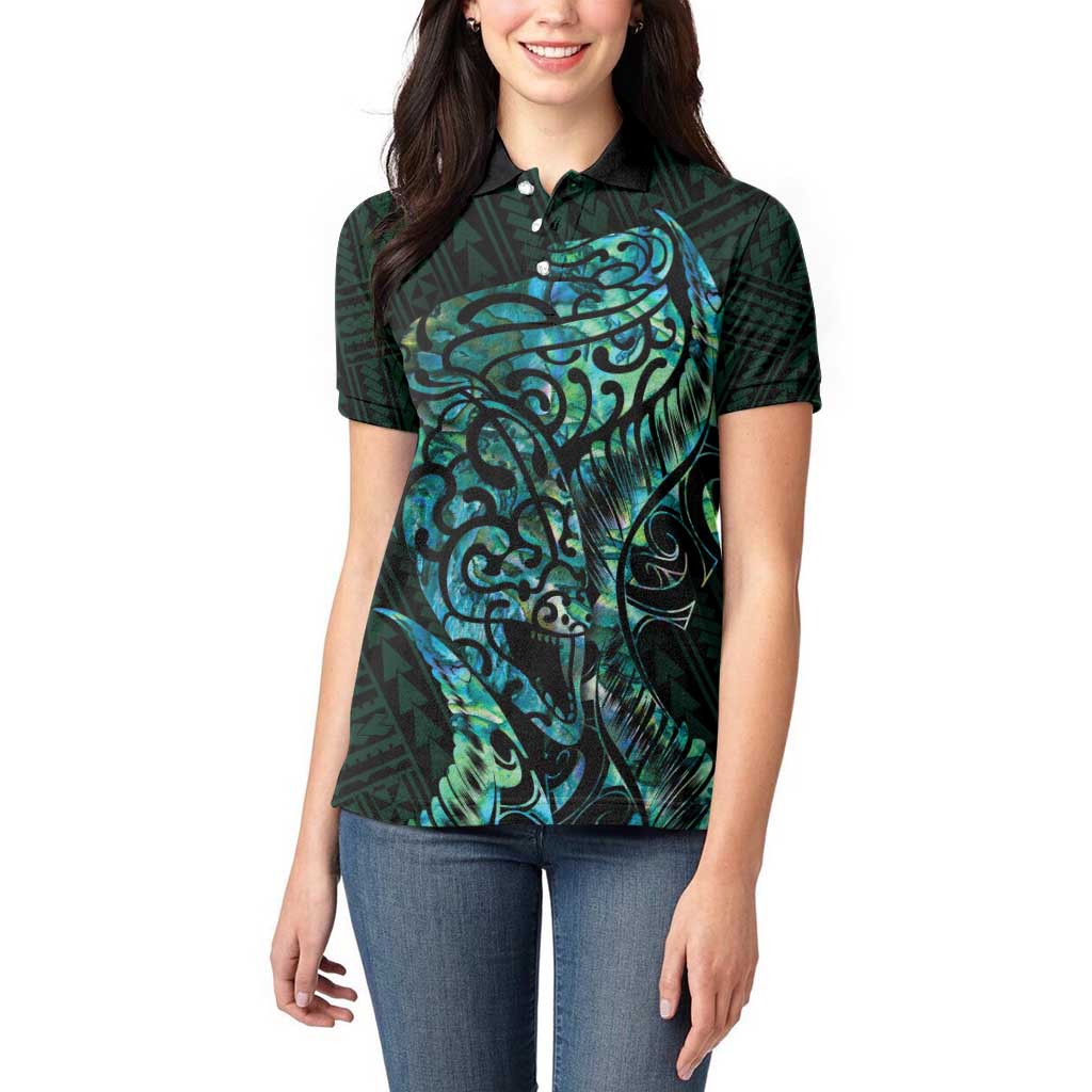 New Zealand Eel Women Polo Shirt Tuna Aotearoa Maori With Paua Shell - Turquoise - Vibe Hoodie Shop