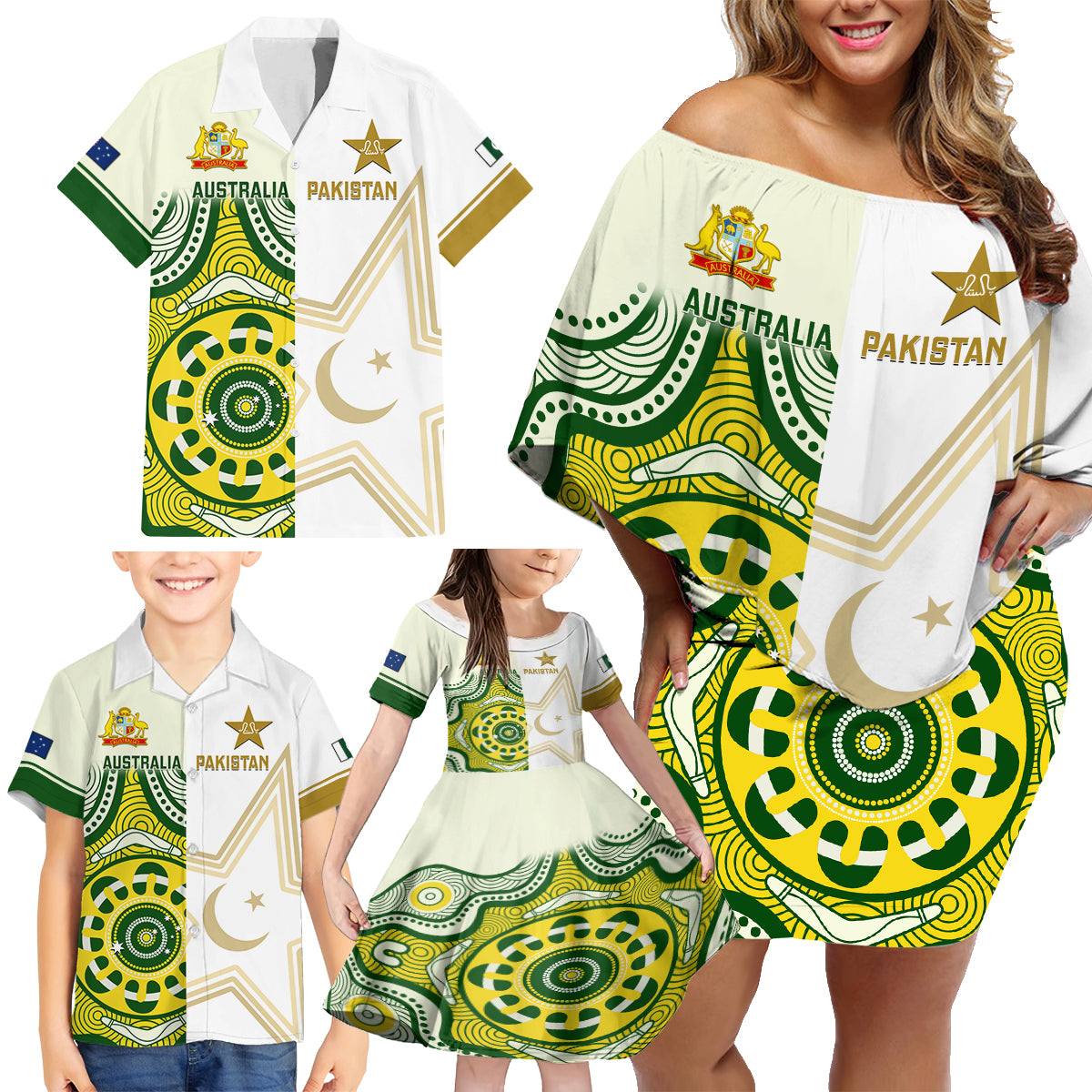 australia-and-pakistan-cricket-family-matching-off-shoulder-short-dress-and-hawaiian-shirt-boxing-day-2023-test-aussie-with-shaheens