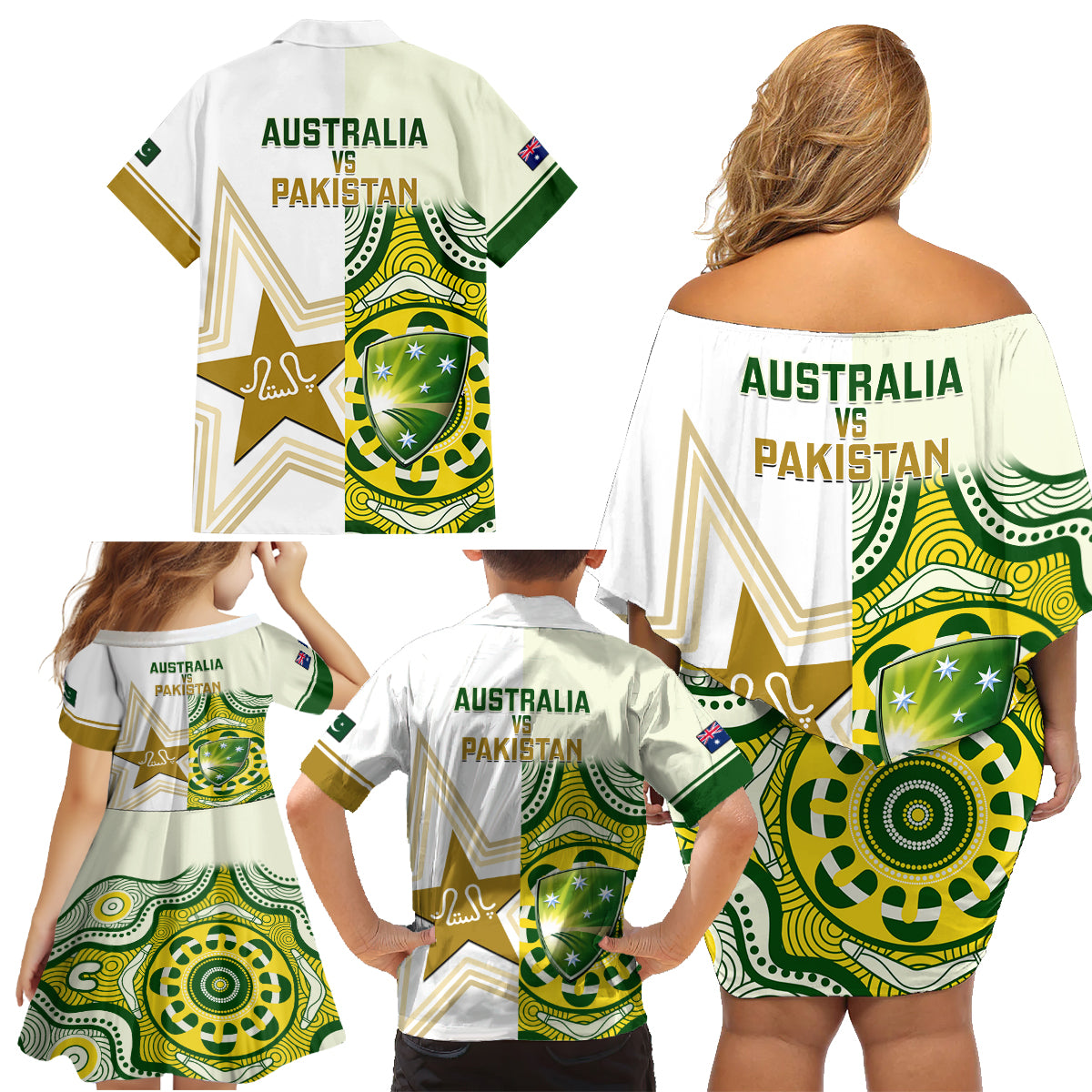 australia-and-pakistan-cricket-family-matching-off-shoulder-short-dress-and-hawaiian-shirt-boxing-day-2023-test-aussie-with-shaheens