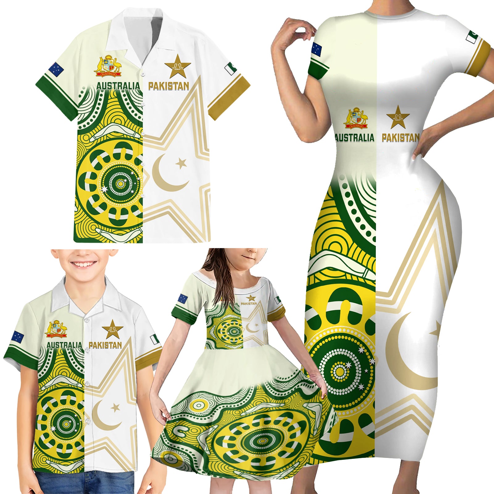 australia-and-pakistan-cricket-family-matching-short-sleeve-bodycon-dress-and-hawaiian-shirt-boxing-day-2023-test-aussie-with-shaheens