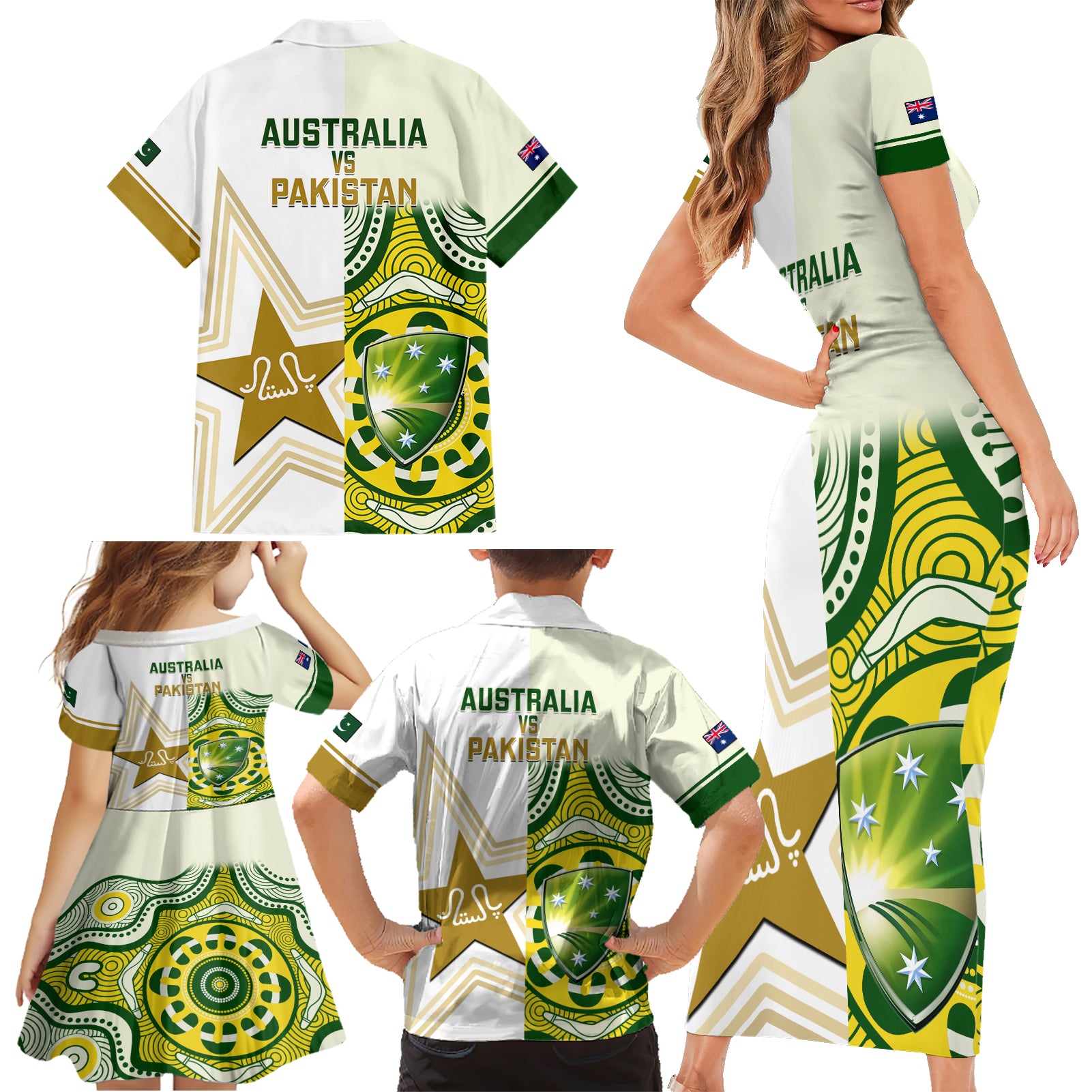 australia-and-pakistan-cricket-family-matching-short-sleeve-bodycon-dress-and-hawaiian-shirt-boxing-day-2023-test-aussie-with-shaheens