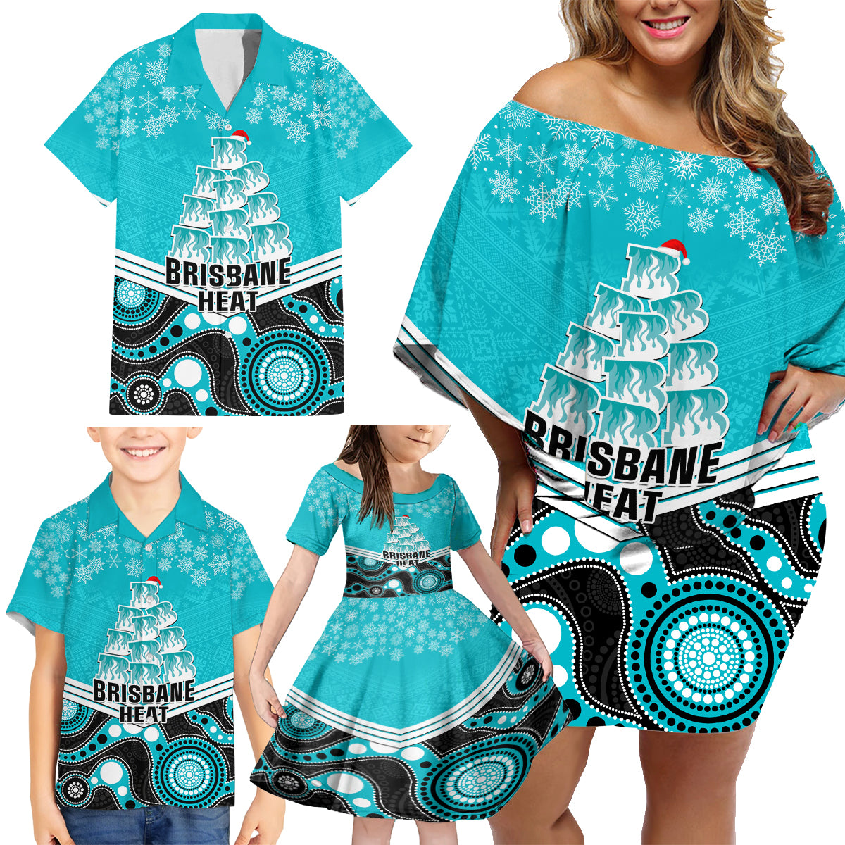 custom-brisbane-heat-cricket-christmas-family-matching-off-shoulder-short-dress-and-hawaiian-shirt-merry-xmas-2023-indigenous-art