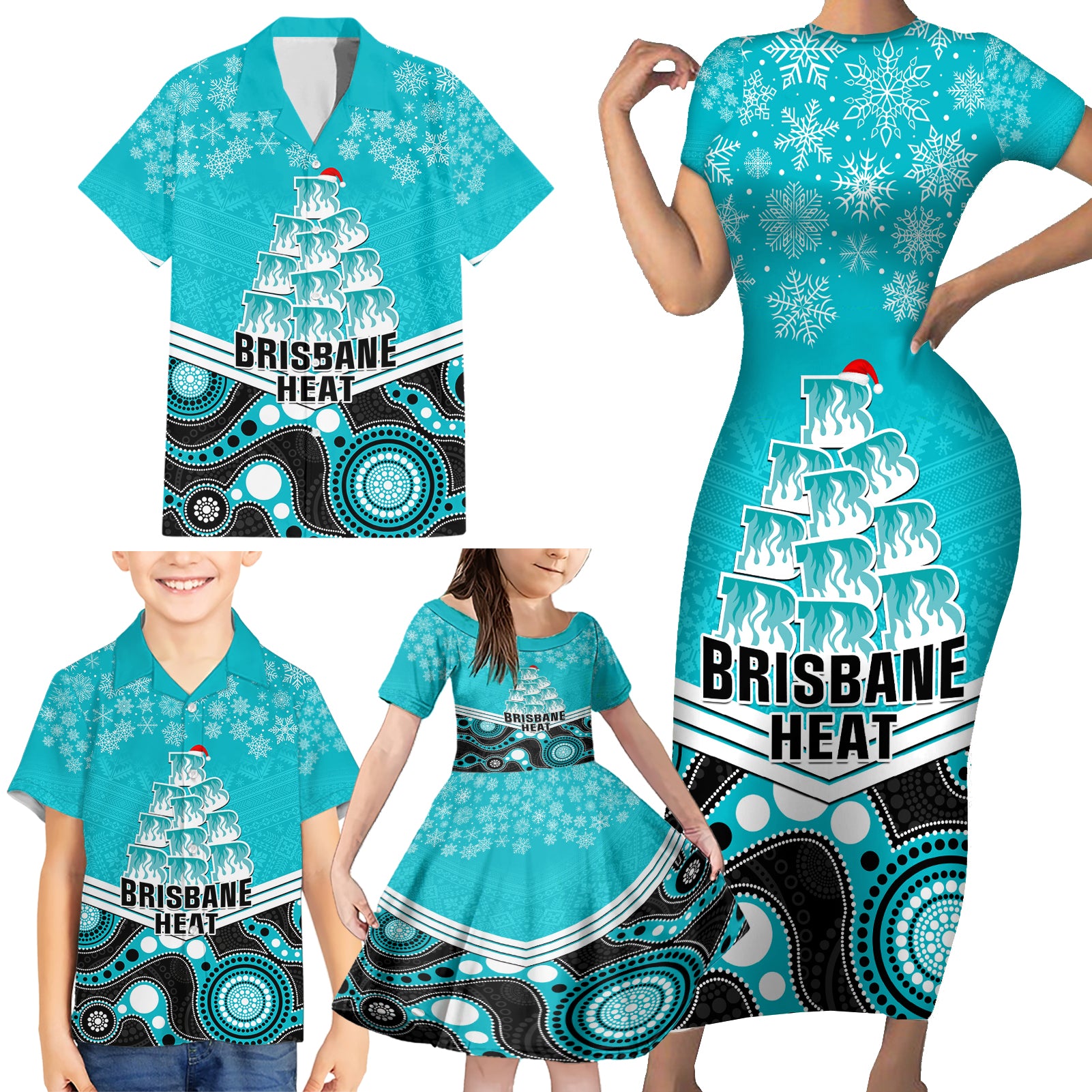 custom-brisbane-heat-cricket-christmas-family-matching-short-sleeve-bodycon-dress-and-hawaiian-shirt-merry-xmas-2023-indigenous-art