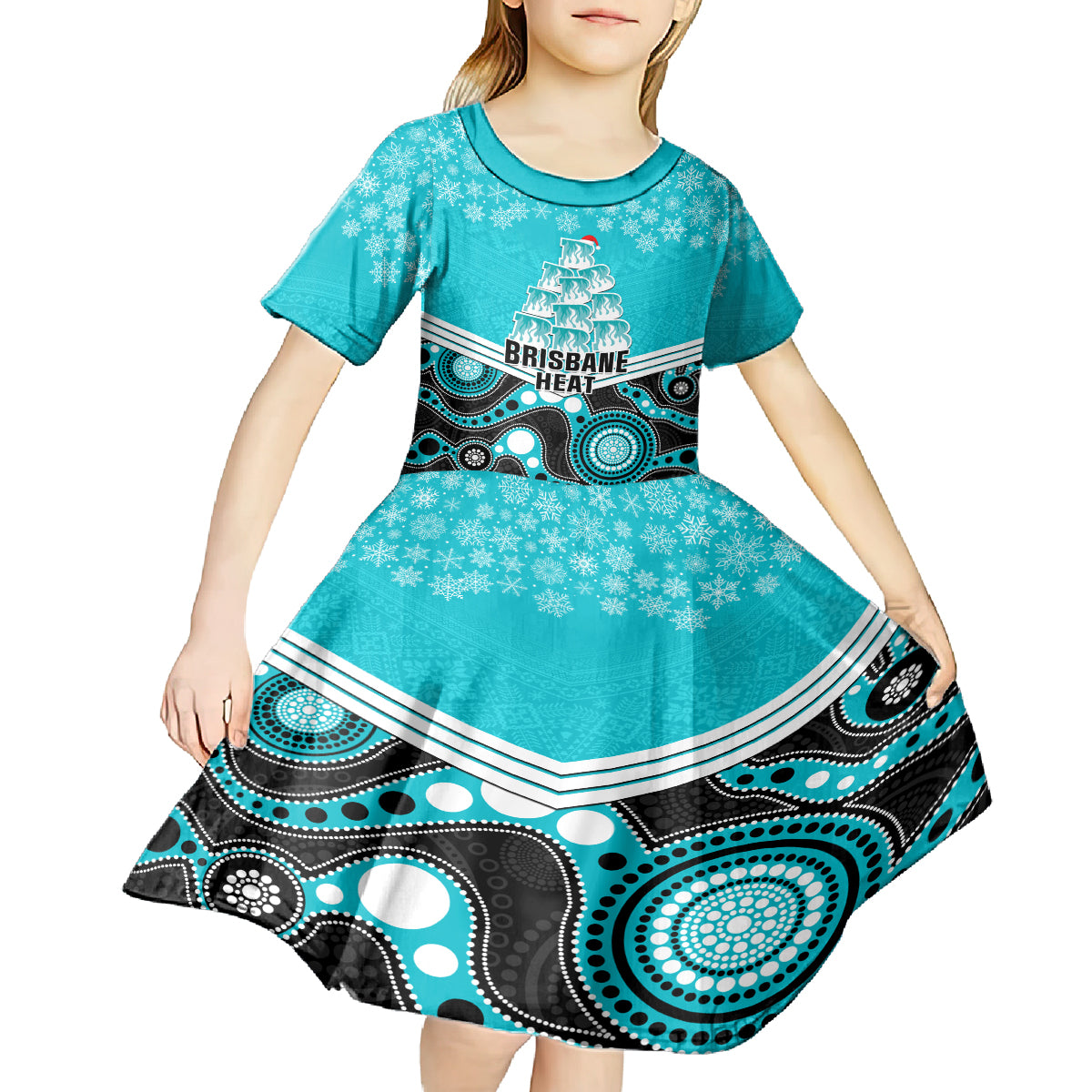 Custom Brisbane Heat Cricket Christmas Kid Short Sleeve Dress Merry Xmas 2023 Indigenous Art - Vibe Hoodie Shop