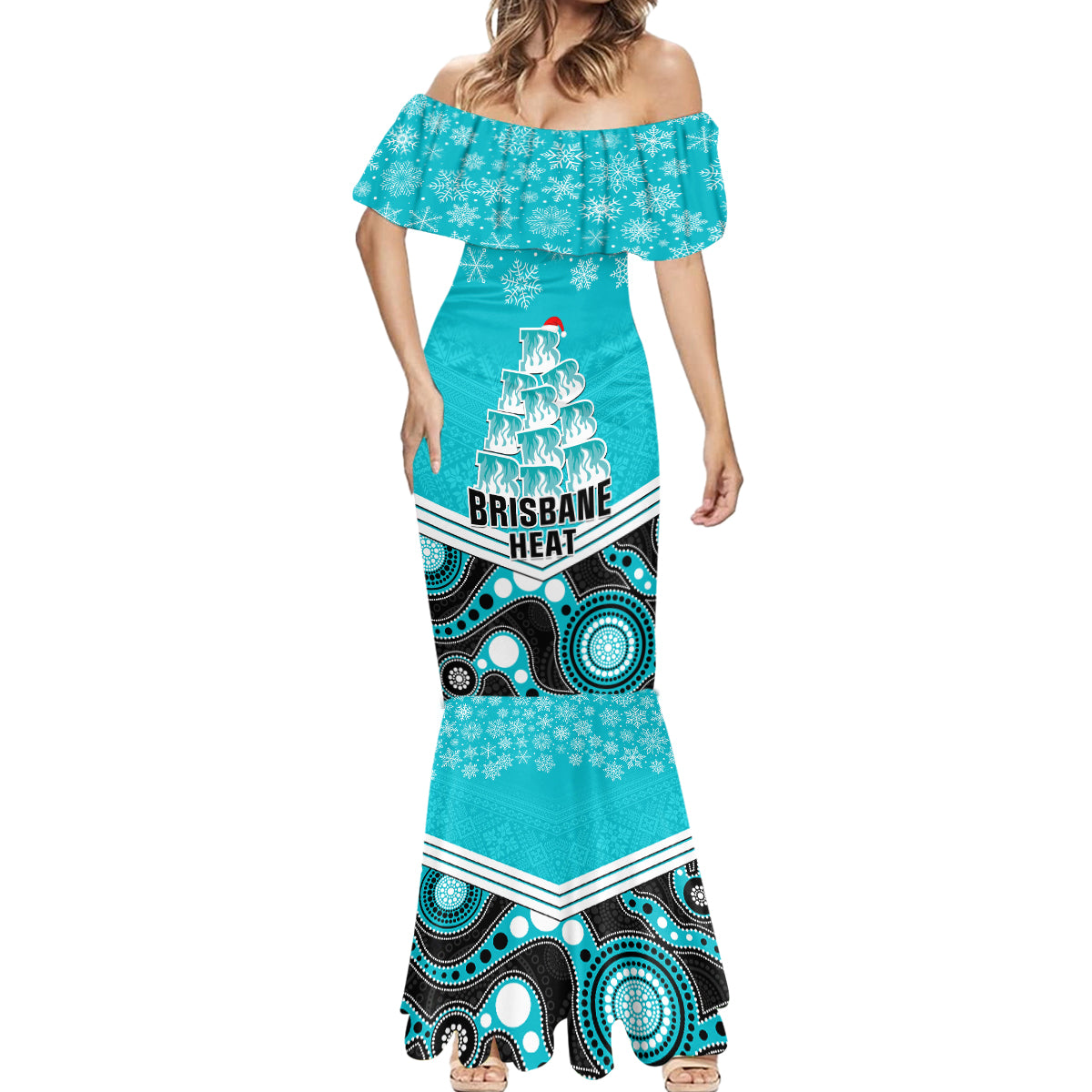 custom-brisbane-heat-cricket-christmas-mermaid-dress-merry-xmas-2023-indigenous-art