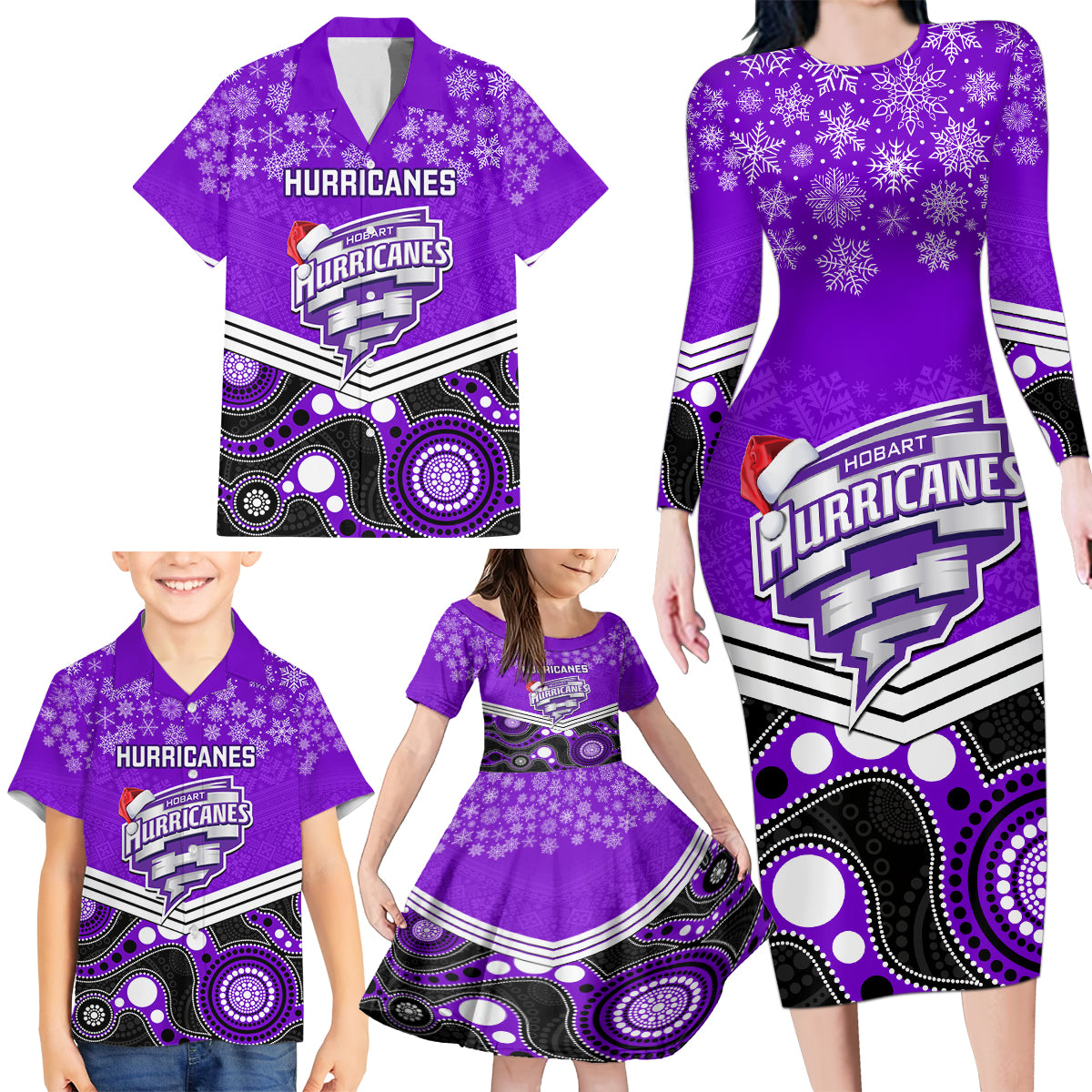 custom-hobart-hurricanes-cricket-christmas-family-matching-long-sleeve-bodycon-dress-and-hawaiian-shirt-merry-xmas-2023-indigenous-art