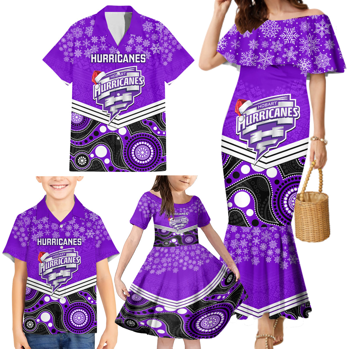 custom-hobart-hurricanes-cricket-christmas-family-matching-mermaid-dress-and-hawaiian-shirt-merry-xmas-2023-indigenous-art
