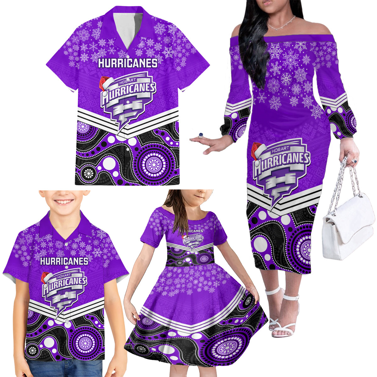 custom-hobart-hurricanes-cricket-christmas-family-matching-off-shoulder-long-sleeve-dress-and-hawaiian-shirt-merry-xmas-2023-indigenous-art