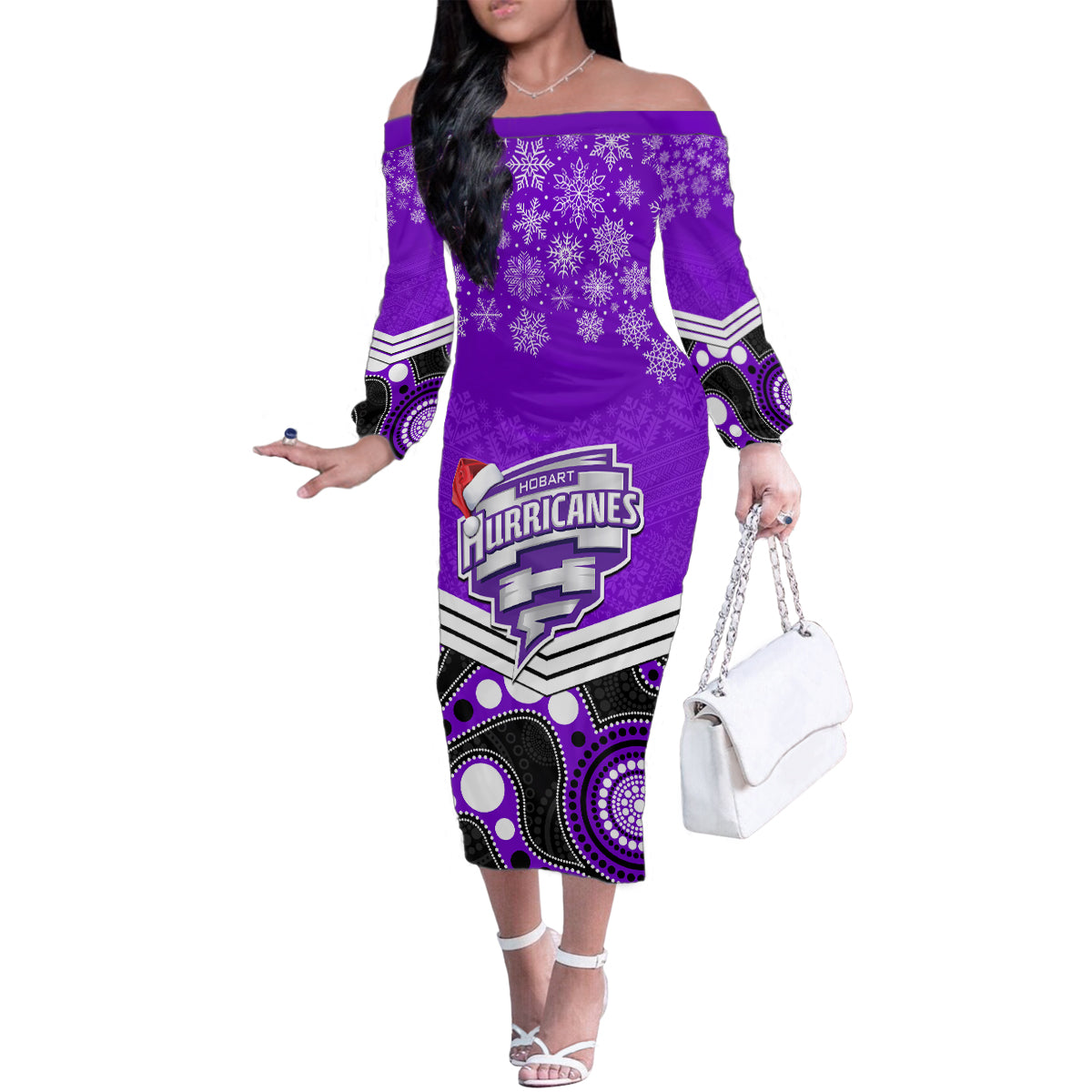 custom-hobart-hurricanes-cricket-christmas-family-matching-off-shoulder-long-sleeve-dress-and-hawaiian-shirt-merry-xmas-2023-indigenous-art