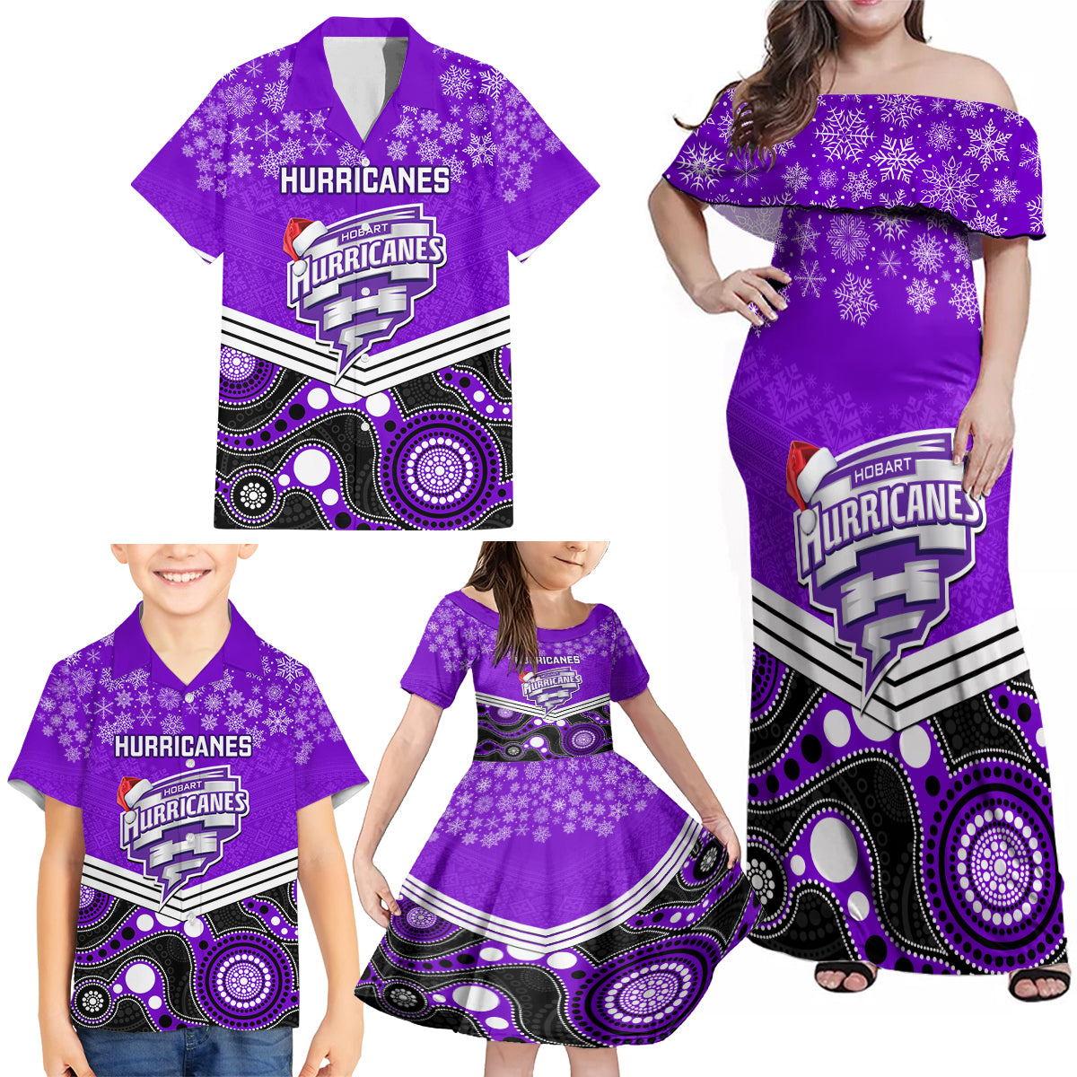 custom-hobart-hurricanes-cricket-christmas-family-matching-off-shoulder-maxi-dress-and-hawaiian-shirt-merry-xmas-2023-indigenous-art