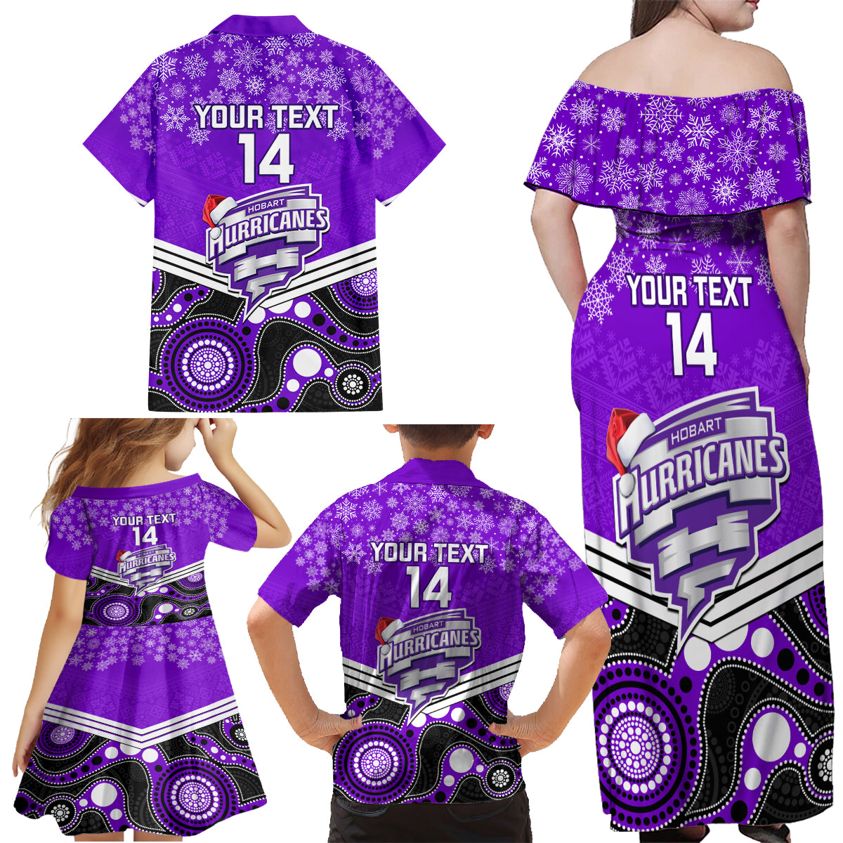 custom-hobart-hurricanes-cricket-christmas-family-matching-off-shoulder-maxi-dress-and-hawaiian-shirt-merry-xmas-2023-indigenous-art