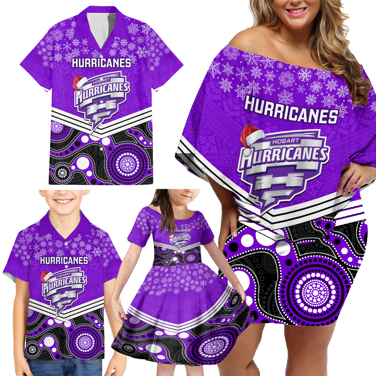 custom-hobart-hurricanes-cricket-christmas-family-matching-off-shoulder-short-dress-and-hawaiian-shirt-merry-xmas-2023-indigenous-art