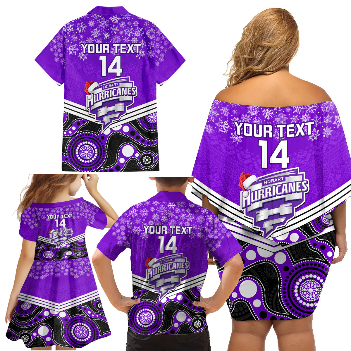 custom-hobart-hurricanes-cricket-christmas-family-matching-off-shoulder-short-dress-and-hawaiian-shirt-merry-xmas-2023-indigenous-art