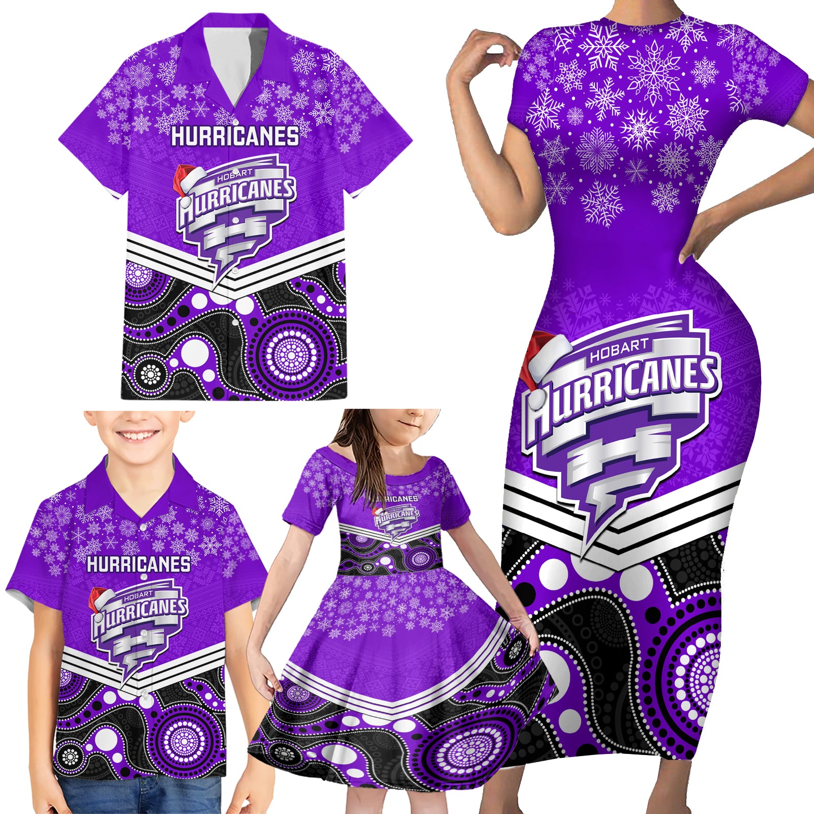 custom-hobart-hurricanes-cricket-christmas-family-matching-short-sleeve-bodycon-dress-and-hawaiian-shirt-merry-xmas-2023-indigenous-art