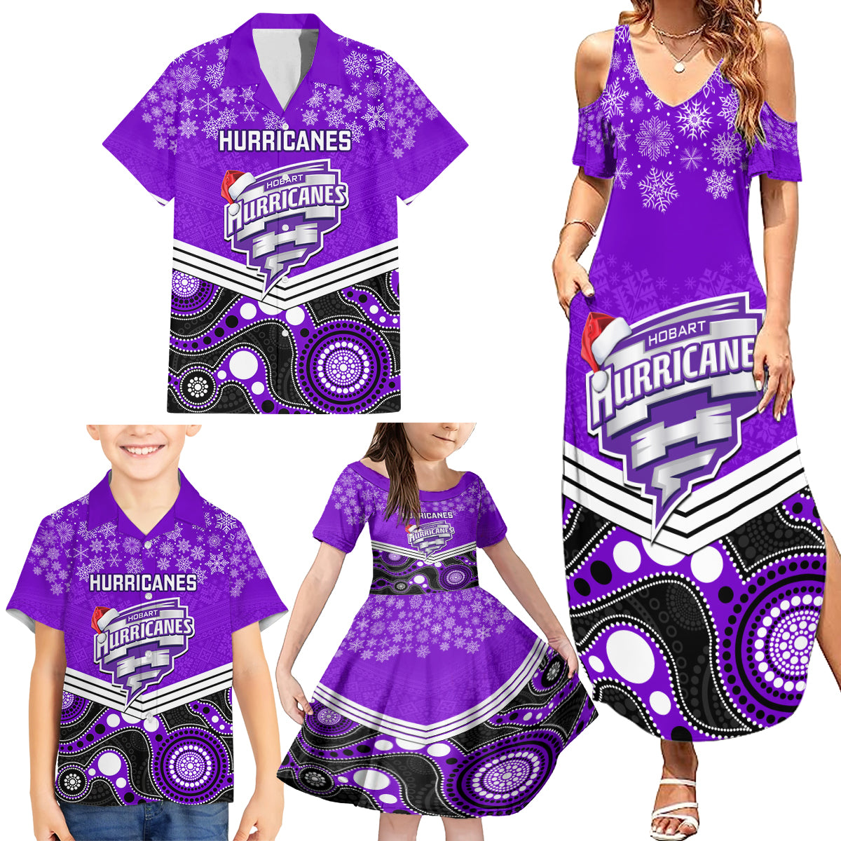 custom-hobart-hurricanes-cricket-christmas-family-matching-summer-maxi-dress-and-hawaiian-shirt-merry-xmas-2023-indigenous-art