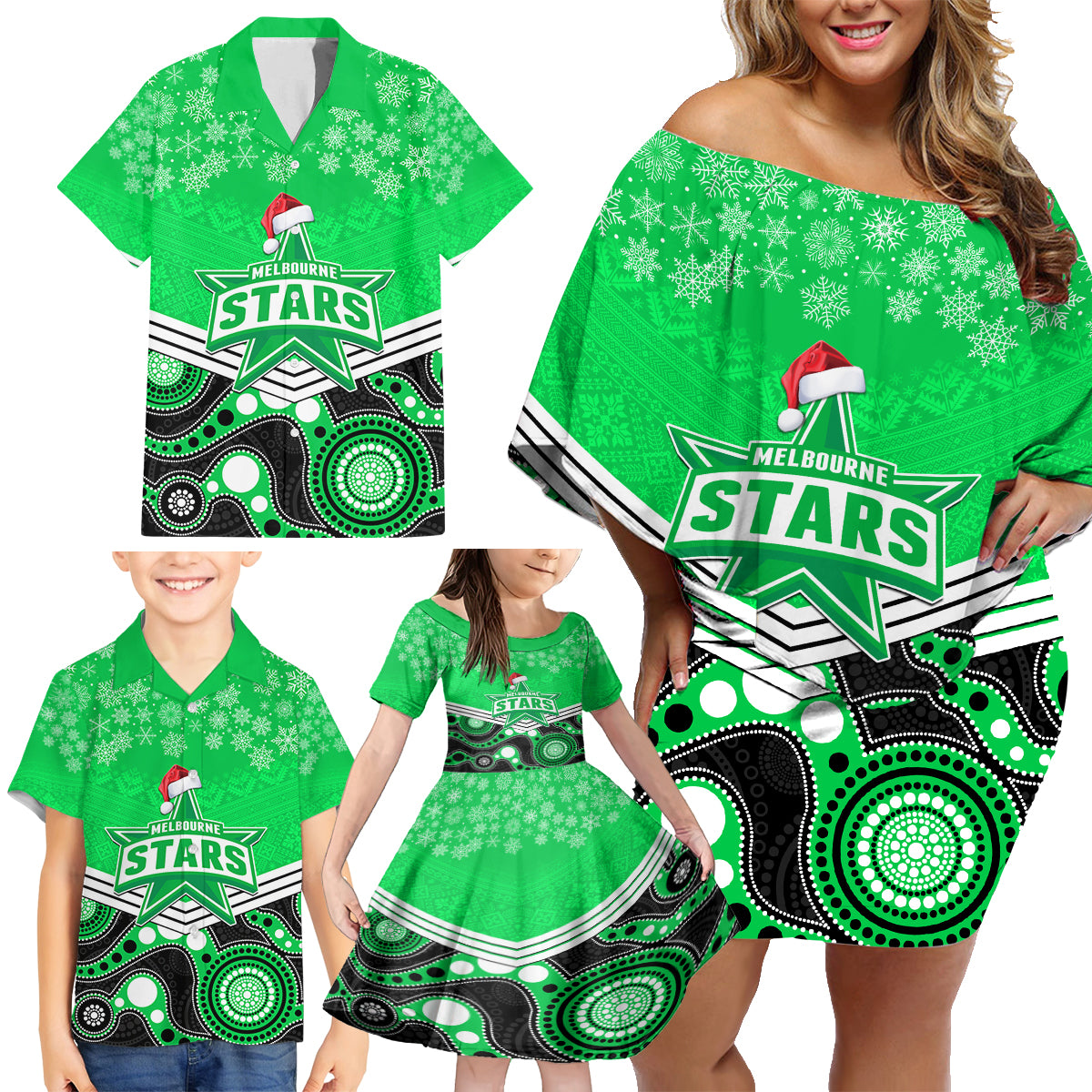 custom-melbourne-stars-cricket-christmas-family-matching-off-shoulder-short-dress-and-hawaiian-shirt-merry-xmas-2023-indigenous-art