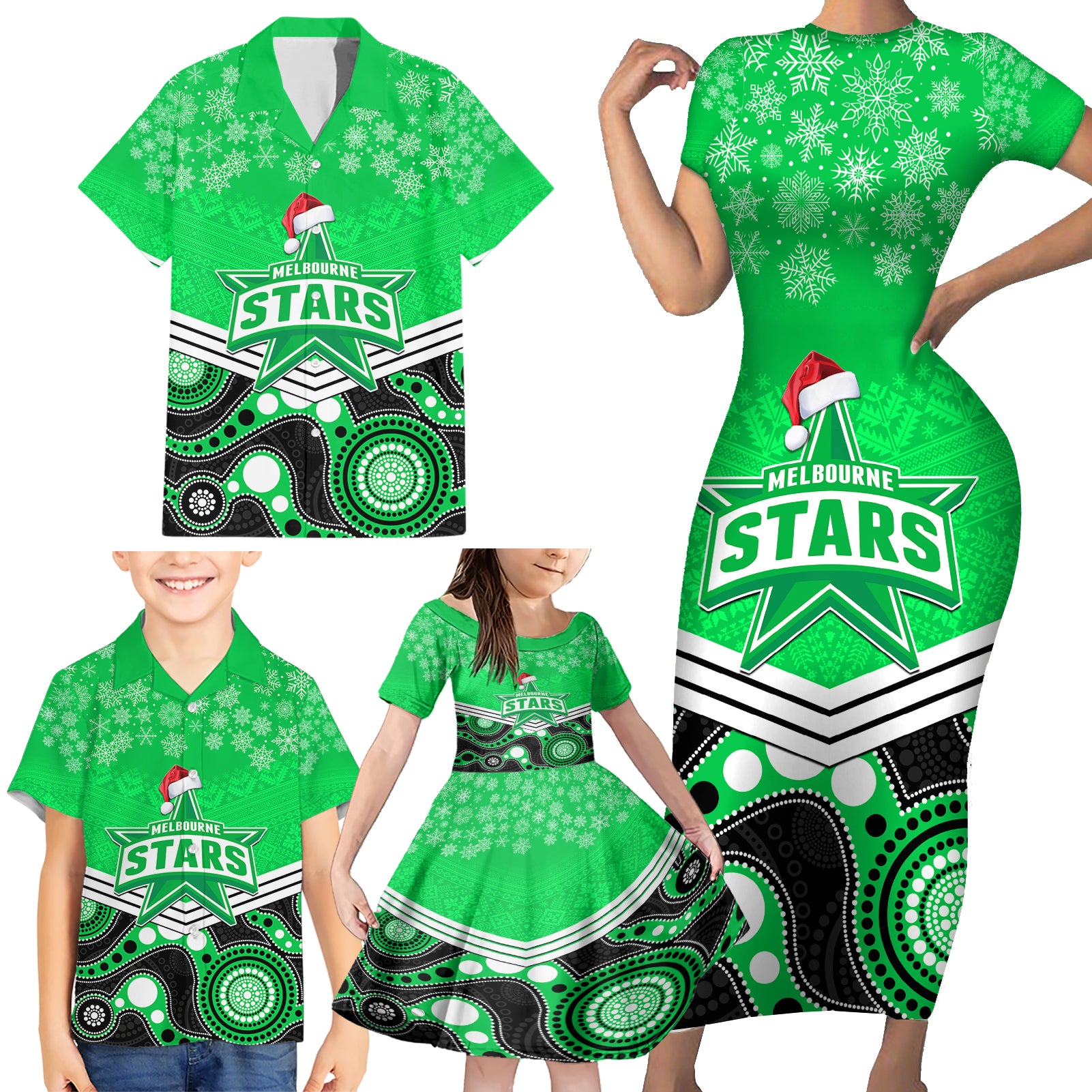 custom-melbourne-stars-cricket-christmas-family-matching-short-sleeve-bodycon-dress-and-hawaiian-shirt-merry-xmas-2023-indigenous-art