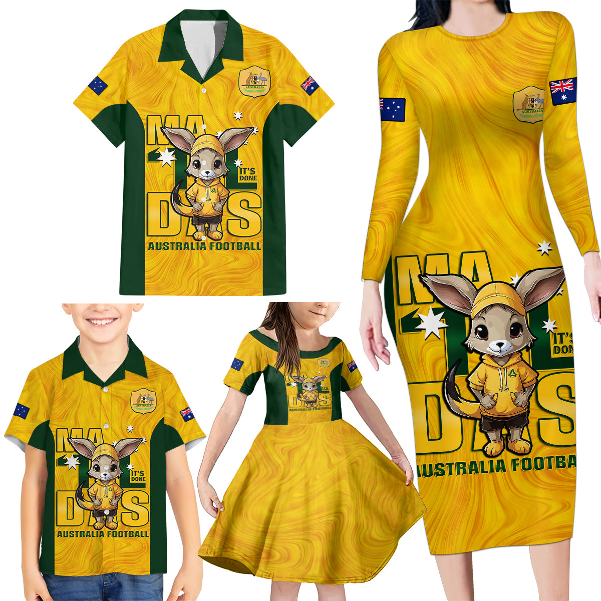 custom-matildas-family-matching-long-sleeve-bodycon-dress-and-hawaiian-shirt-australian-cute-mascot-unique-gold-version