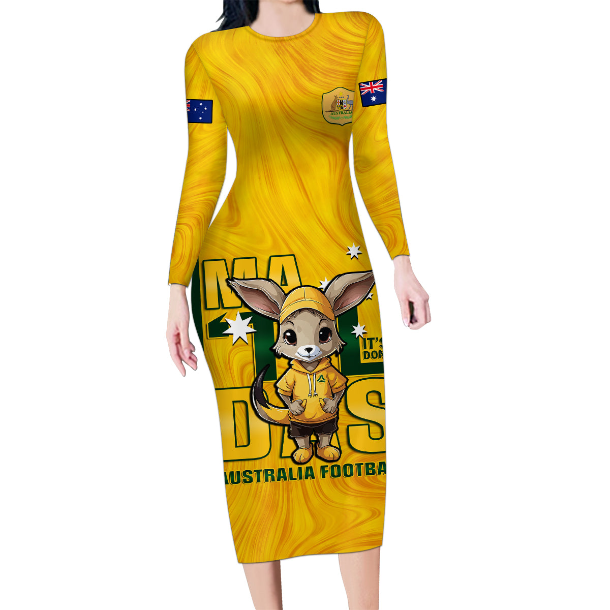 custom-matildas-family-matching-long-sleeve-bodycon-dress-and-hawaiian-shirt-australian-cute-mascot-unique-gold-version