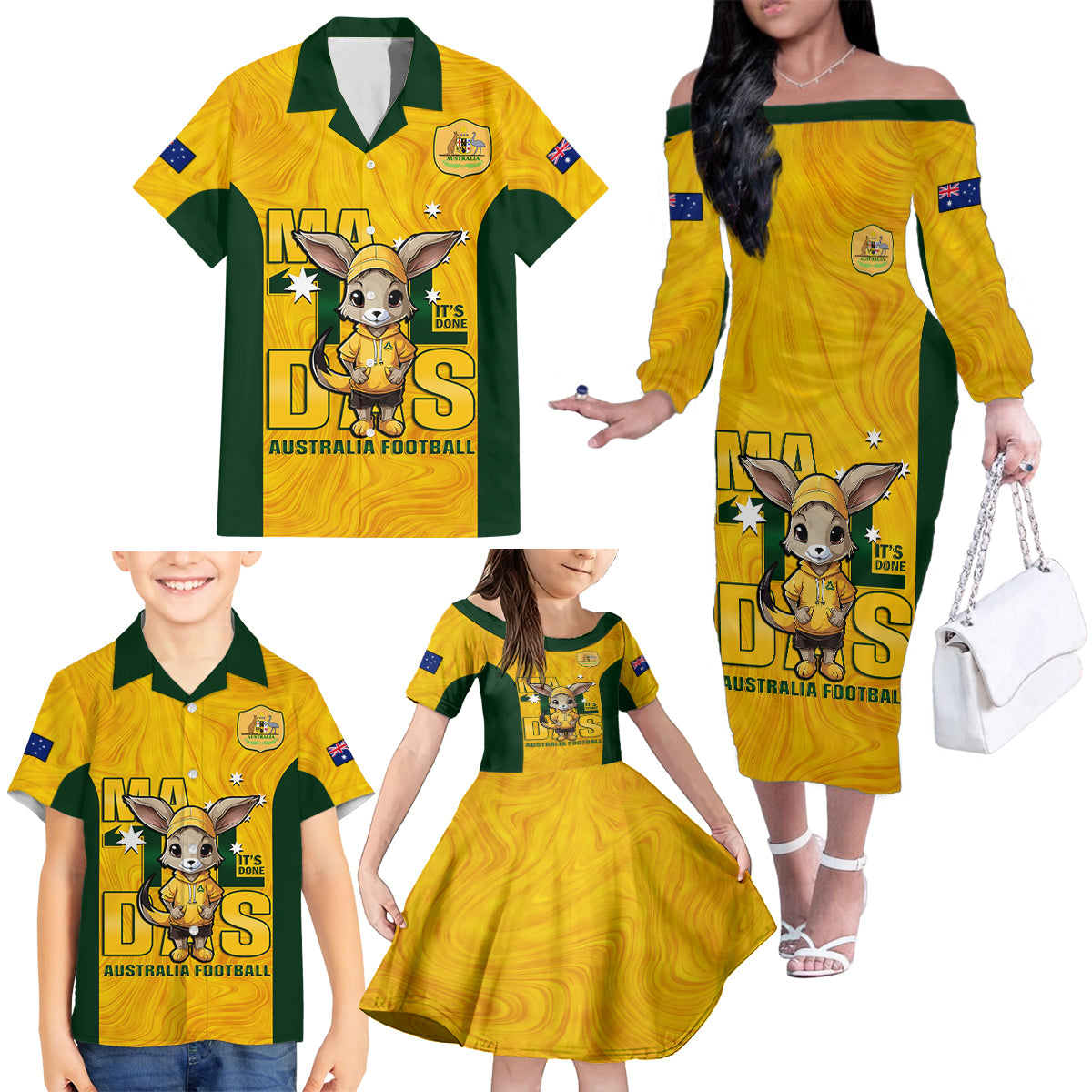 custom-matildas-family-matching-off-shoulder-long-sleeve-dress-and-hawaiian-shirt-australian-cute-mascot-unique-gold-version