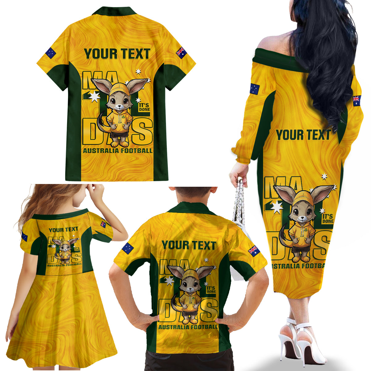 custom-matildas-family-matching-off-shoulder-long-sleeve-dress-and-hawaiian-shirt-australian-cute-mascot-unique-gold-version