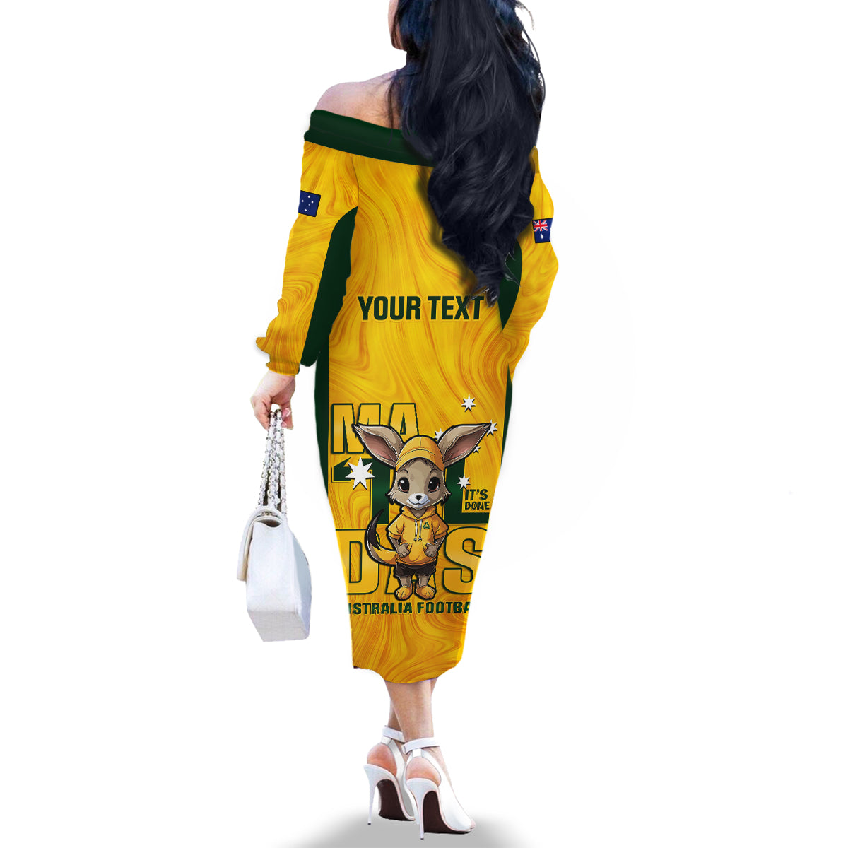 custom-matildas-family-matching-off-shoulder-long-sleeve-dress-and-hawaiian-shirt-australian-cute-mascot-unique-gold-version