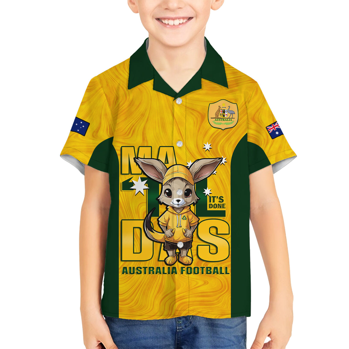 custom-matildas-family-matching-off-shoulder-long-sleeve-dress-and-hawaiian-shirt-australian-cute-mascot-unique-gold-version