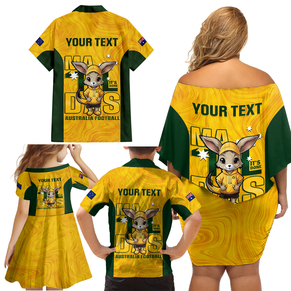 custom-matildas-family-matching-off-shoulder-short-dress-and-hawaiian-shirt-australian-cute-mascot-unique-gold-version