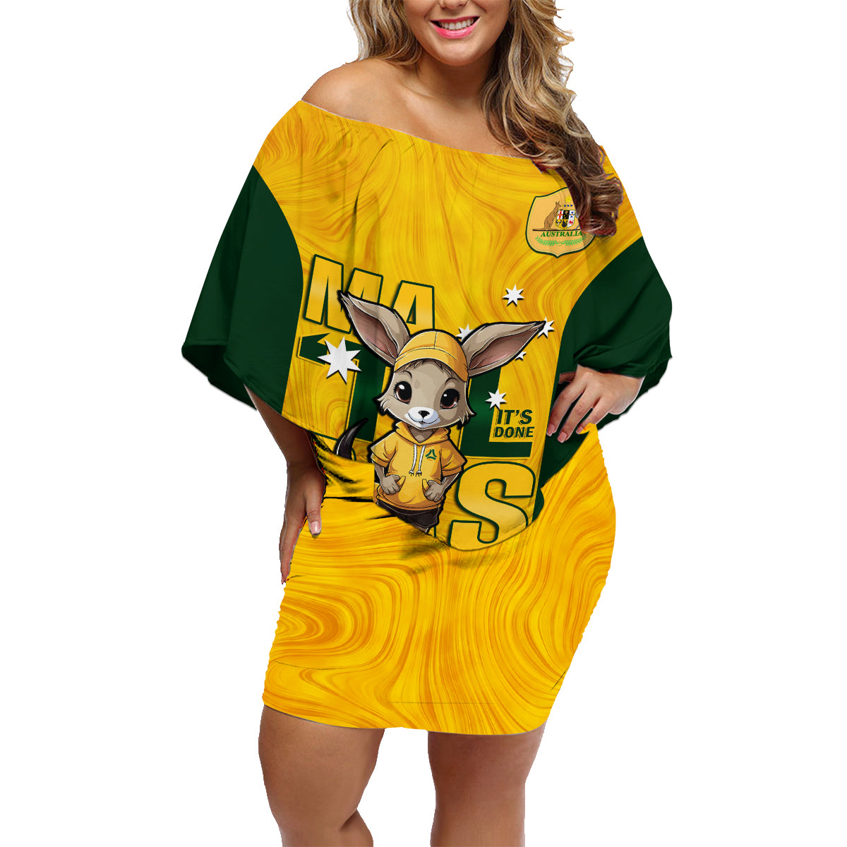 custom-matildas-family-matching-off-shoulder-short-dress-and-hawaiian-shirt-australian-cute-mascot-unique-gold-version