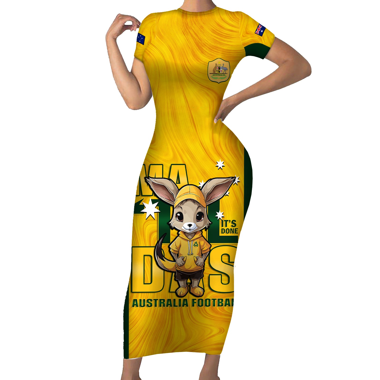 custom-matildas-family-matching-short-sleeve-bodycon-dress-and-hawaiian-shirt-australian-cute-mascot-unique-gold-version