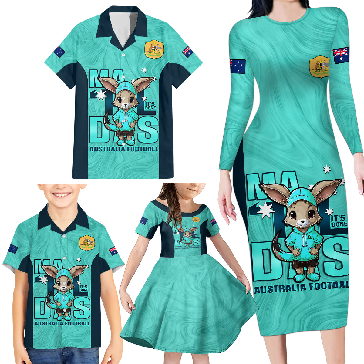 custom-matildas-family-matching-long-sleeve-bodycon-dress-and-hawaiian-shirt-australian-cute-mascot-unique-turquosie-version