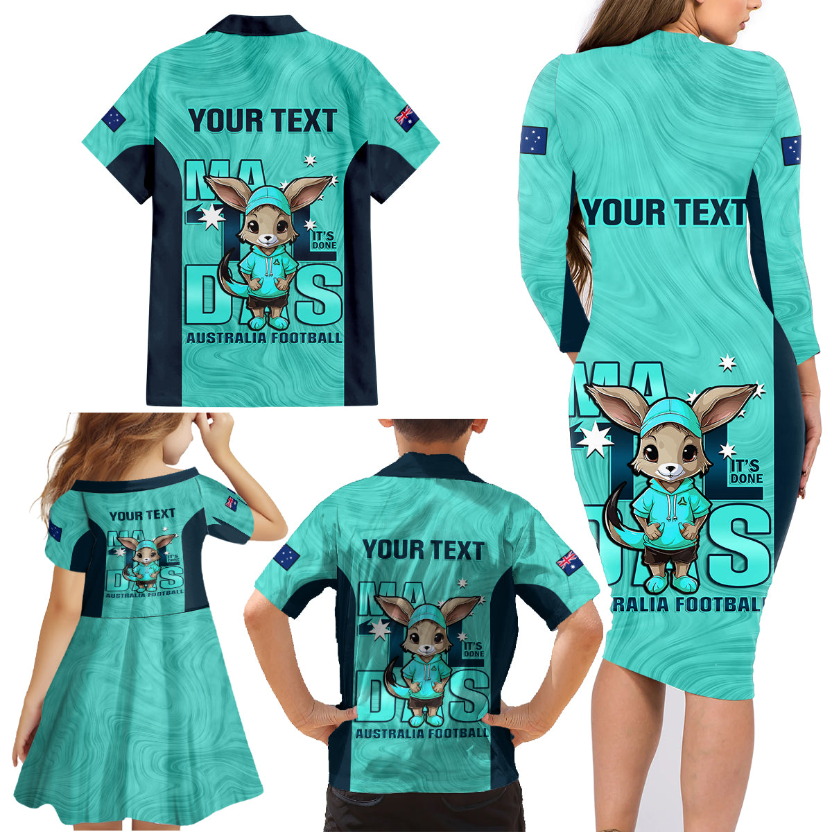 custom-matildas-family-matching-long-sleeve-bodycon-dress-and-hawaiian-shirt-australian-cute-mascot-unique-turquosie-version