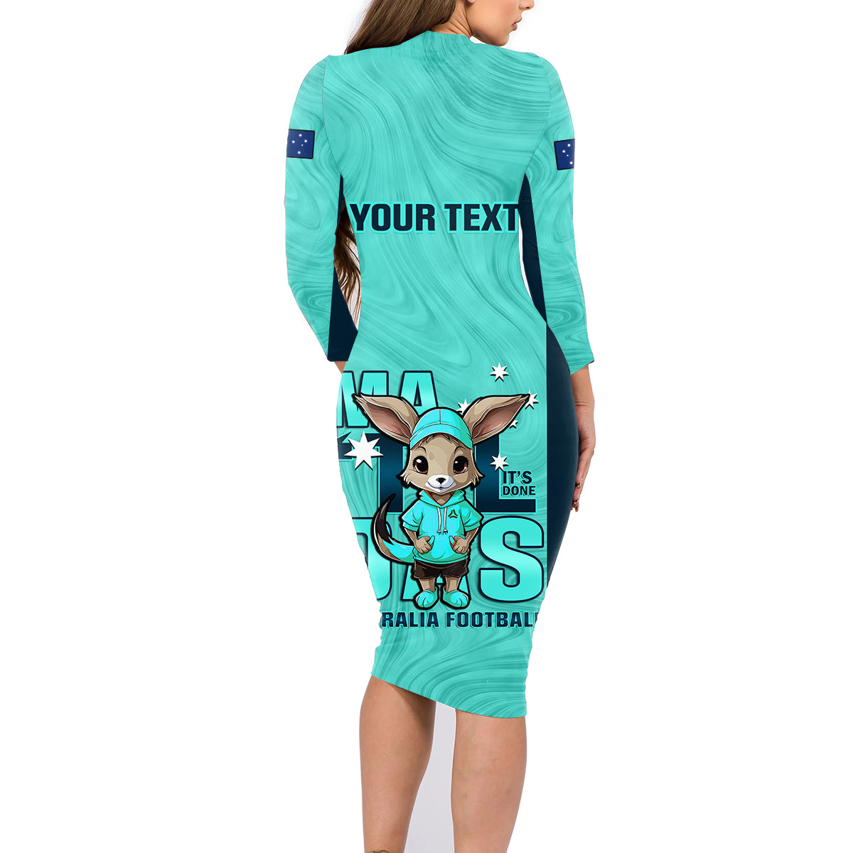 custom-matildas-family-matching-long-sleeve-bodycon-dress-and-hawaiian-shirt-australian-cute-mascot-unique-turquosie-version