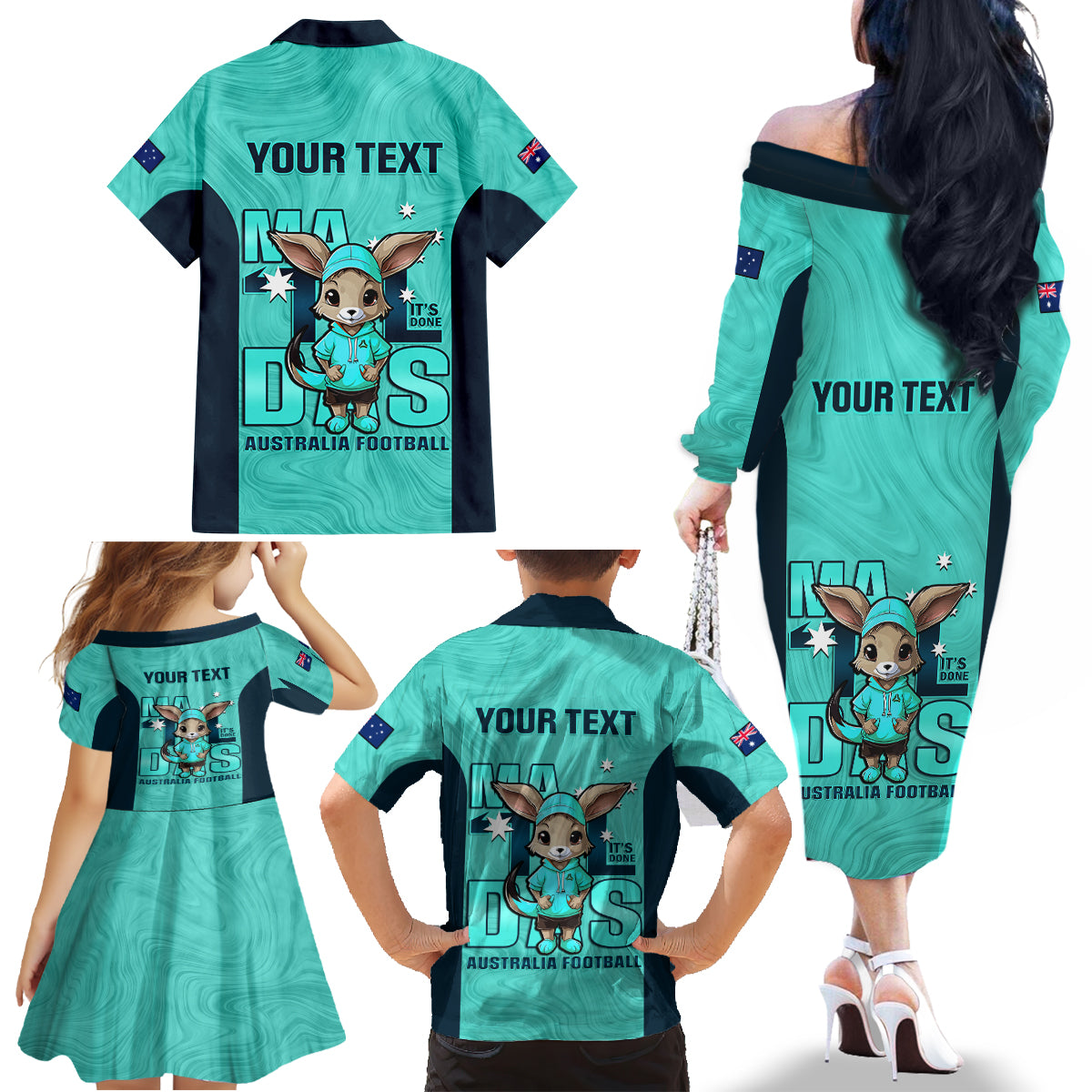 custom-matildas-family-matching-off-shoulder-long-sleeve-dress-and-hawaiian-shirt-australian-cute-mascot-unique-turquosie-version