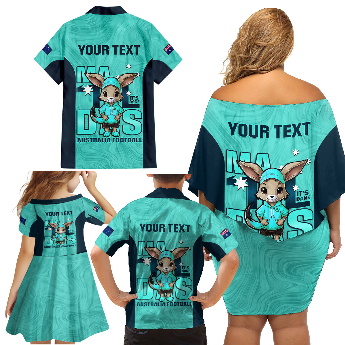 custom-matildas-family-matching-off-shoulder-short-dress-and-hawaiian-shirt-australian-cute-mascot-unique-turquosie-version